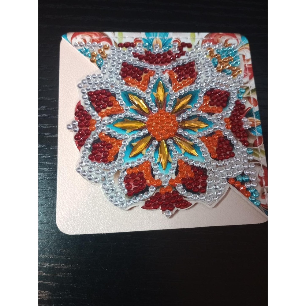 Handmade Diamond Art Corner Bookmark Floral Mandala Red Orange Teal 3.75"